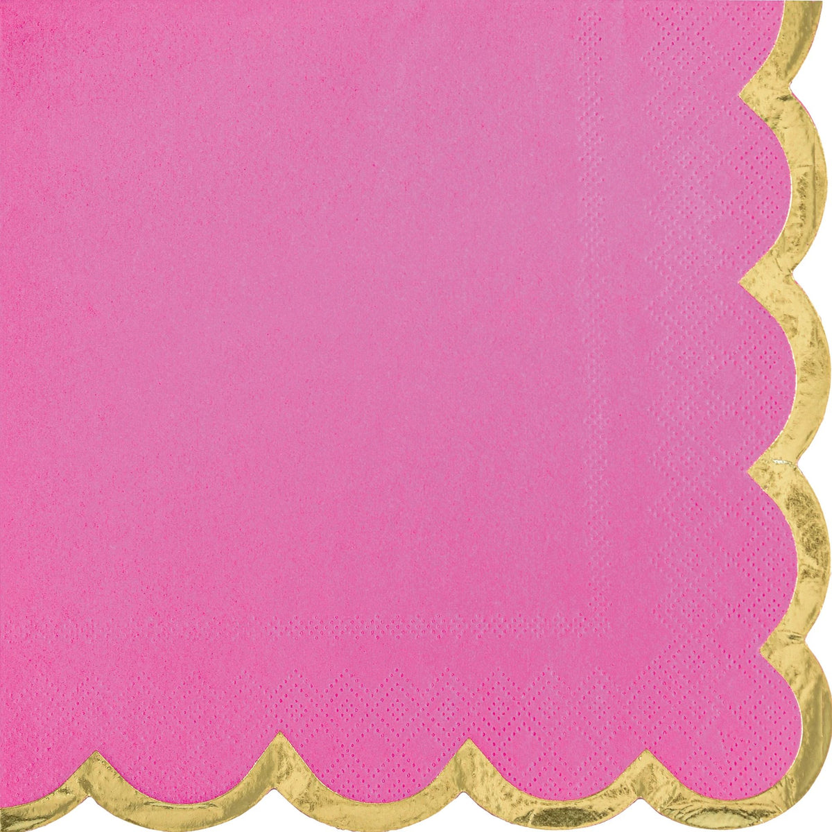 Bright Pink Scalloped Edge Beverage Napkins with Gold Hot Stamp, 16-ct - Pack of 12