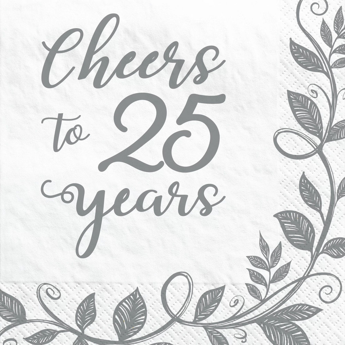 Cheers to 25 Years Beverage Napkins, White/Silver, 5-inch, 16-ct - Pack of 12