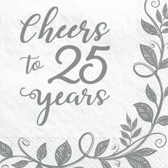 Cheers to 25 Years Beverage Napkins, White/Silver, 5-inch, 16-ct - Pack of 12