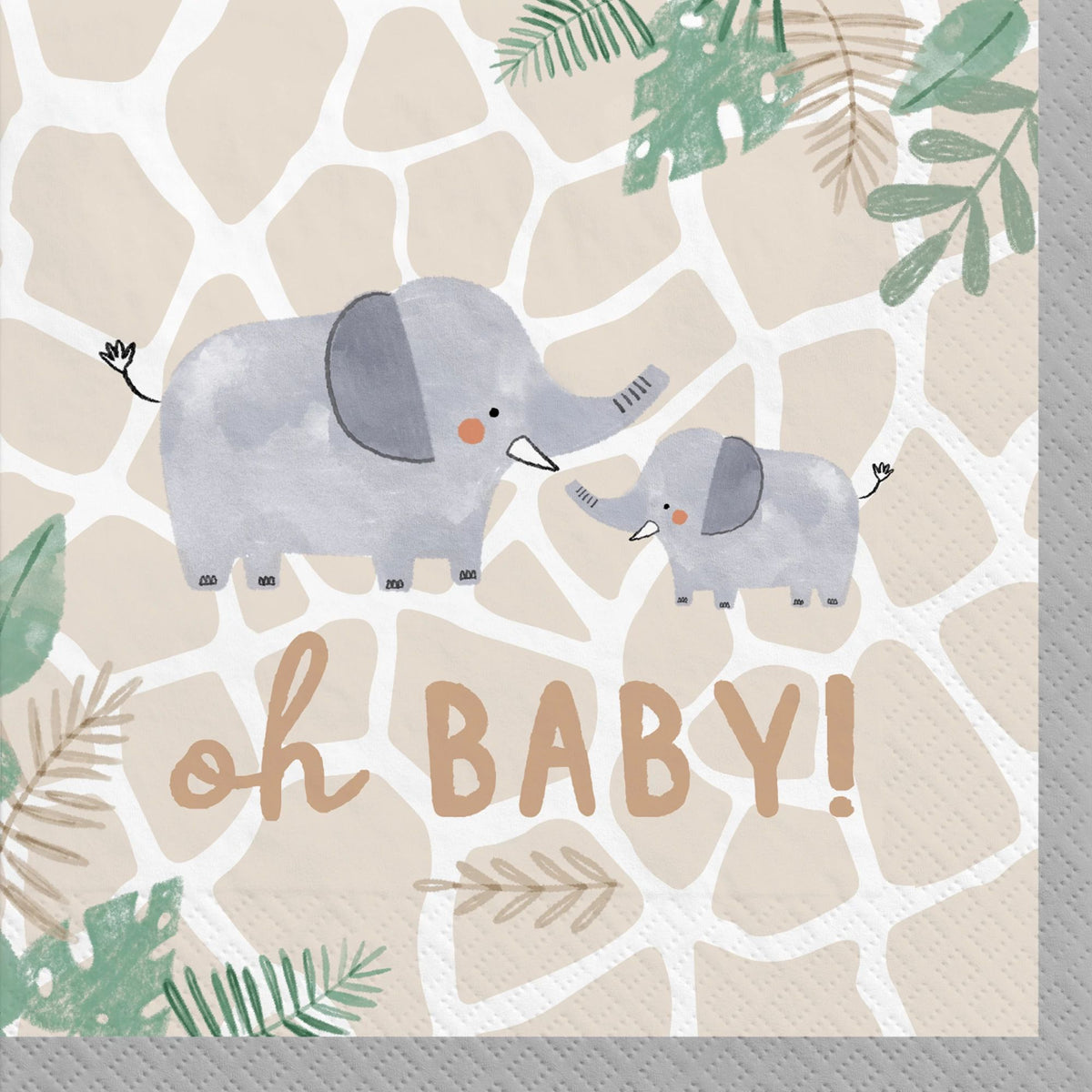 Jungle Baby "Oh Baby" Elephant Beverage Napkins, Beige, 5-inch, 16-ct. - Case of 72