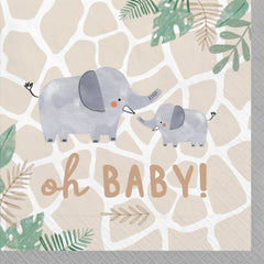 Jungle Baby "Oh Baby" Elephant Beverage Napkins, Beige, 5-inch, 16-ct. - Case of 72