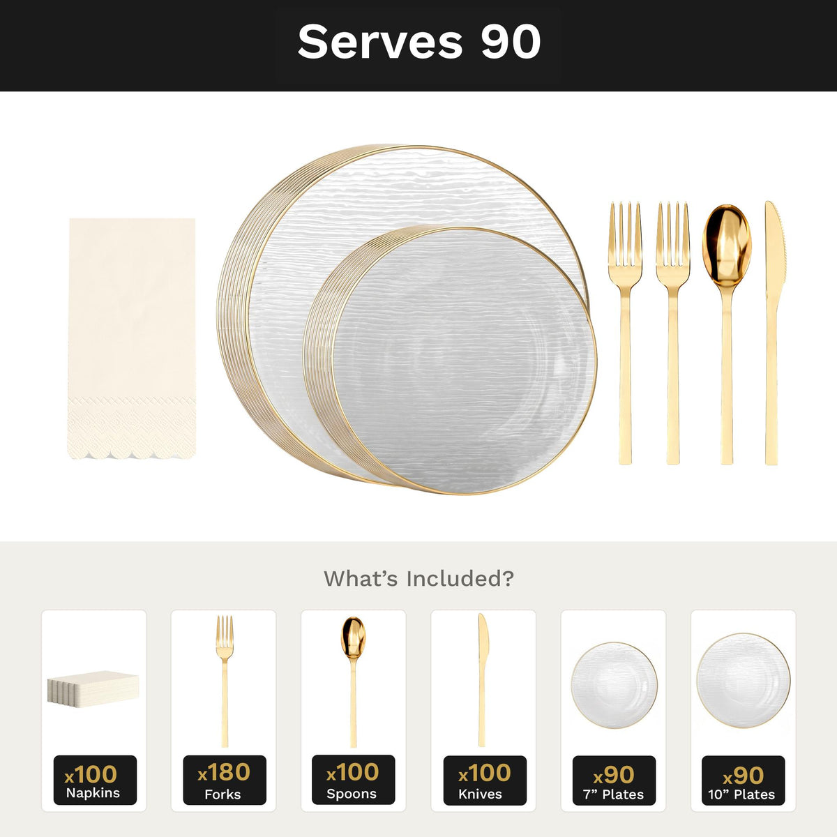 Clear Weave Ultimate Set | Plates, Gold Cutlery & Napkins | Serves 90