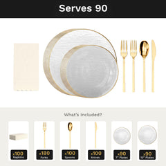 Clear Weave Ultimate Set | Plates, Gold Cutlery & Napkins | Serves 90