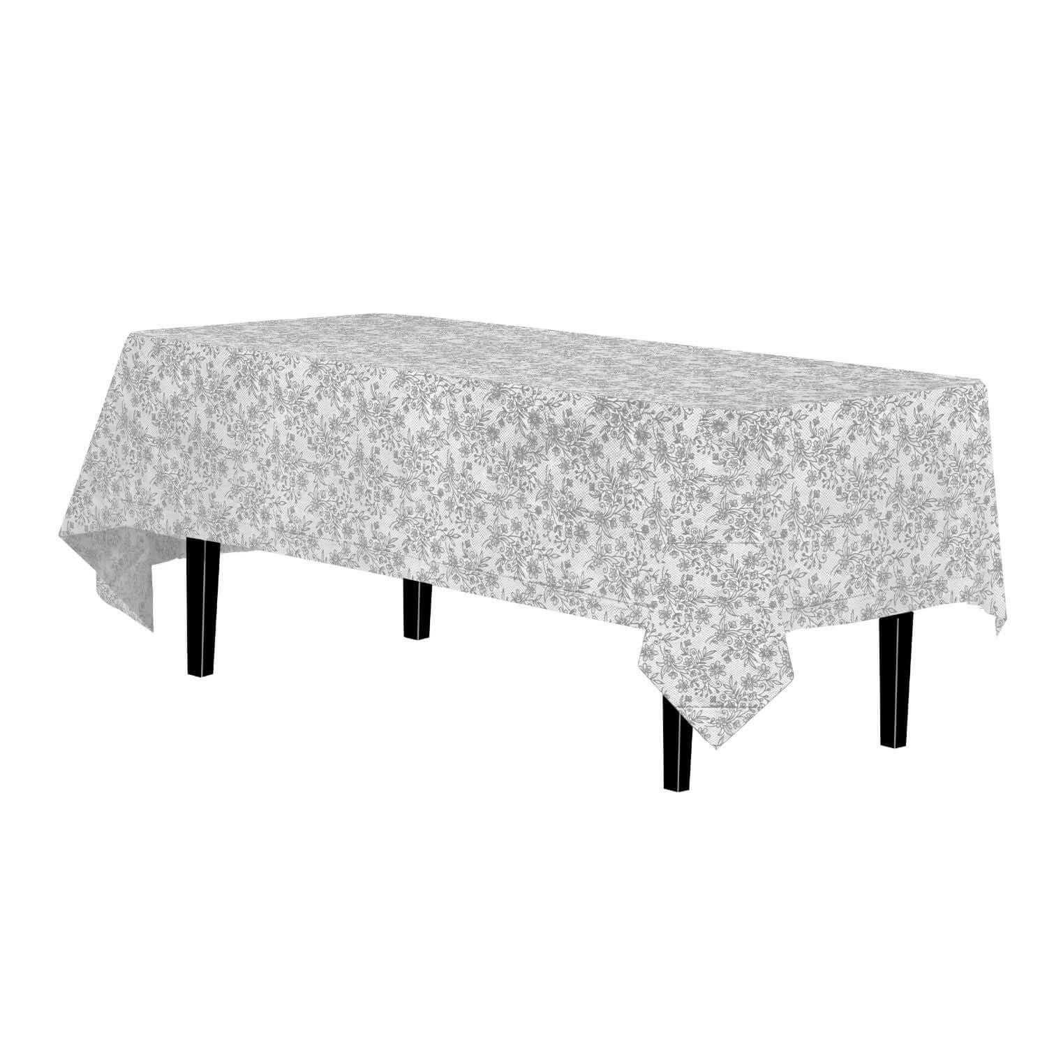 Silver Floral Printed Plastic Table Cloth | 48 Count