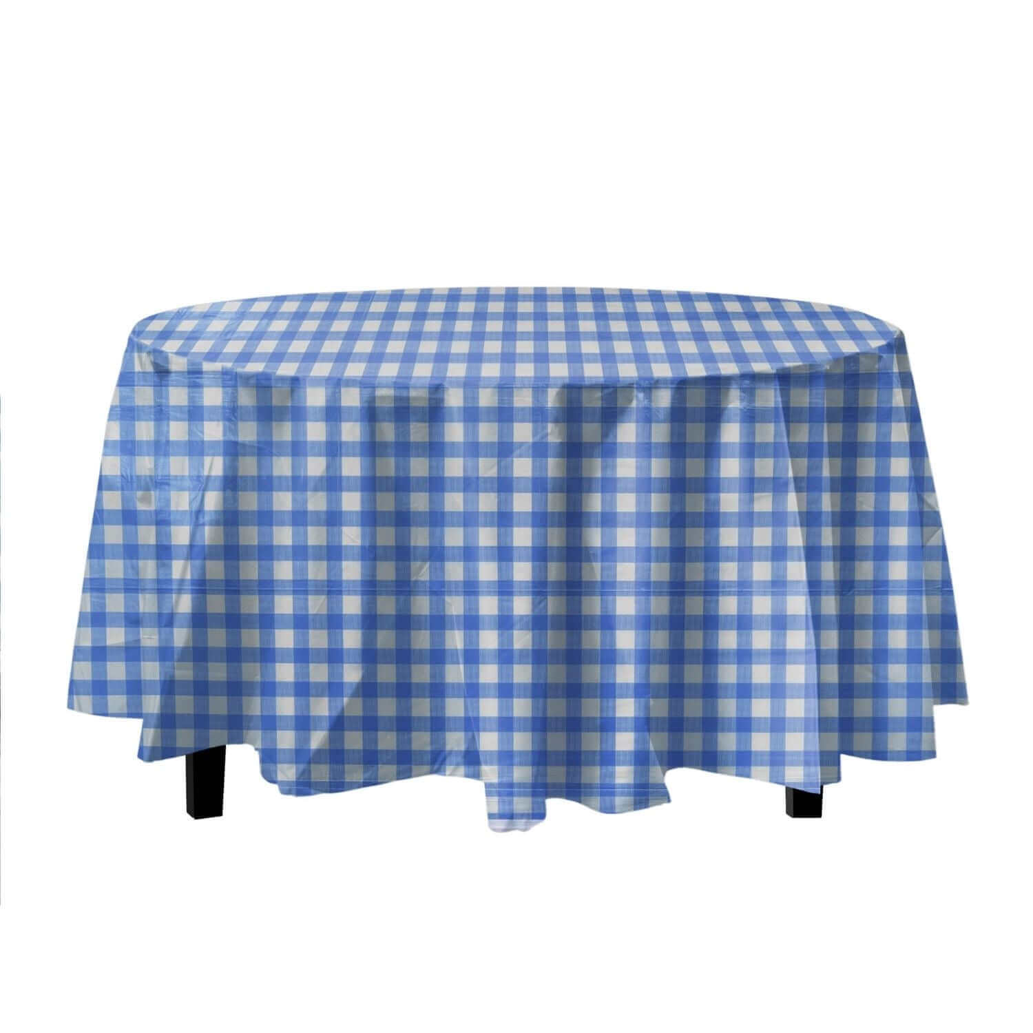 Blue Gingham Printed Plastic Round Tablecloth | 48 Count