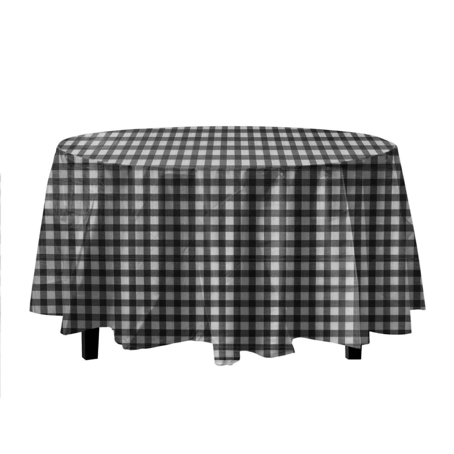 Black Gingham Printed Plastic Round Table Cloth | 48 Count