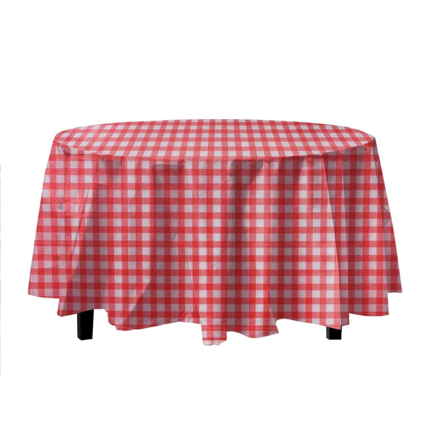 Red Gingham Printed Plastic Round Table Cloth | 48 Count