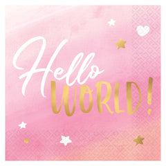 "Hello World" Lunch Napkins, Pink, 6.5 inch, 16-ct - Case of 48