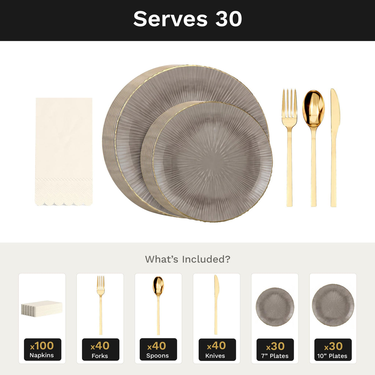 Smoke Burst Ultimate Set | Plates, Gold Cutlery & Napkins | Serves 30