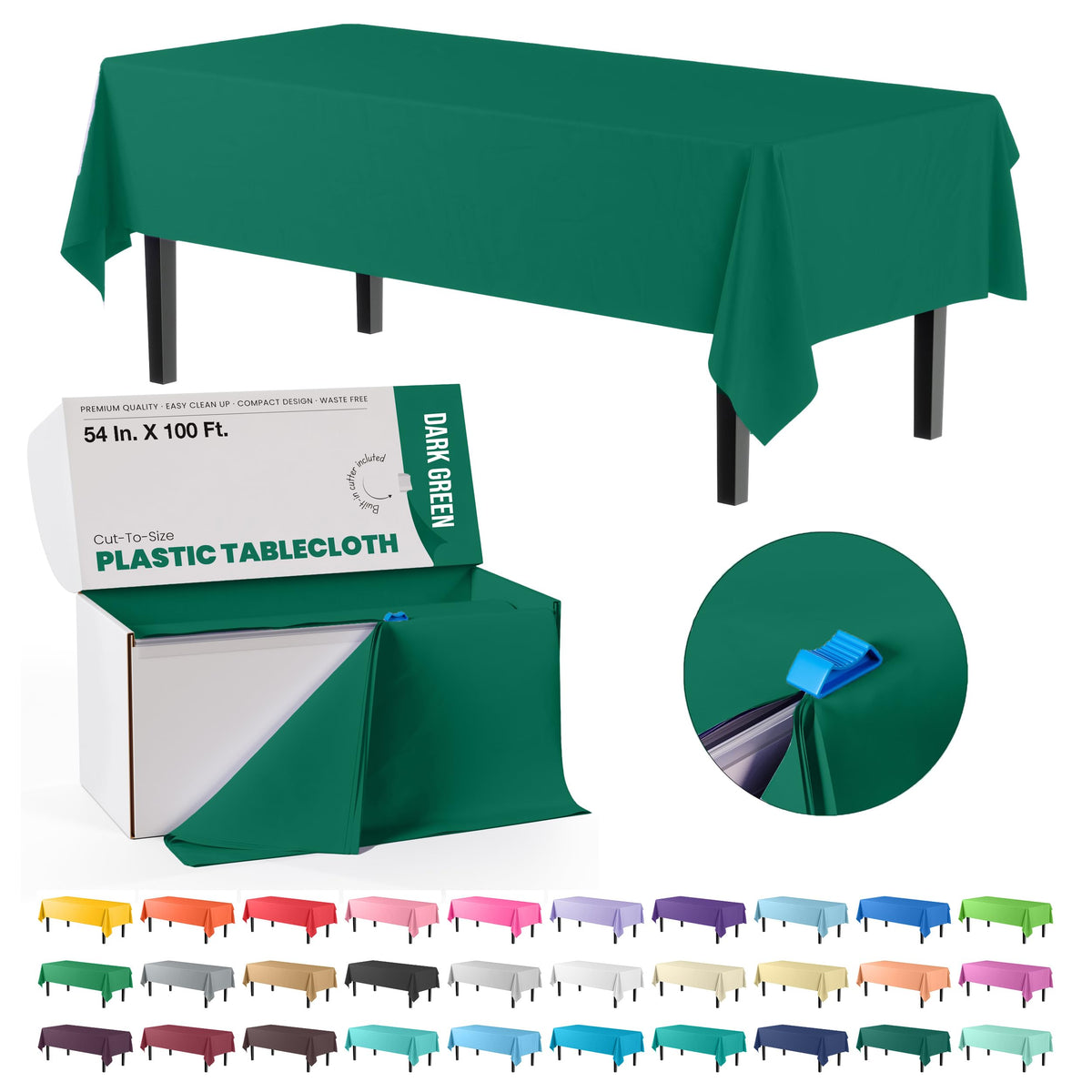 54 In. x 100 Ft. Cut To Size Dark Green Plastic Table Roll | 6 Pack