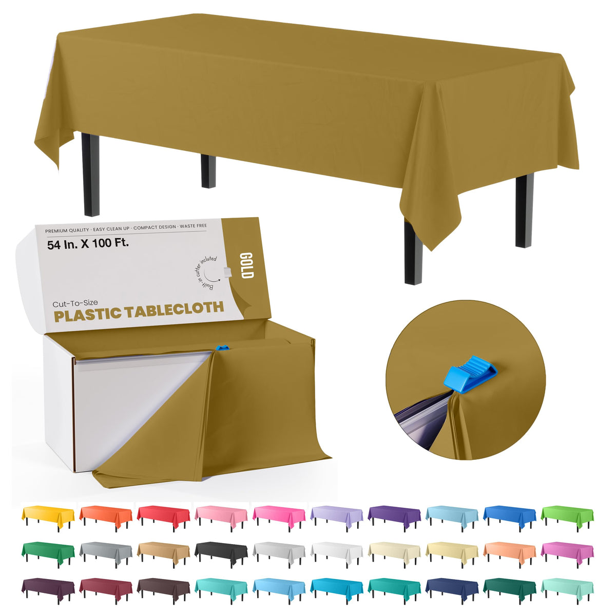 54 In. x 100 Ft. Cut To Size Gold Plastic Table Roll | 6 Pack