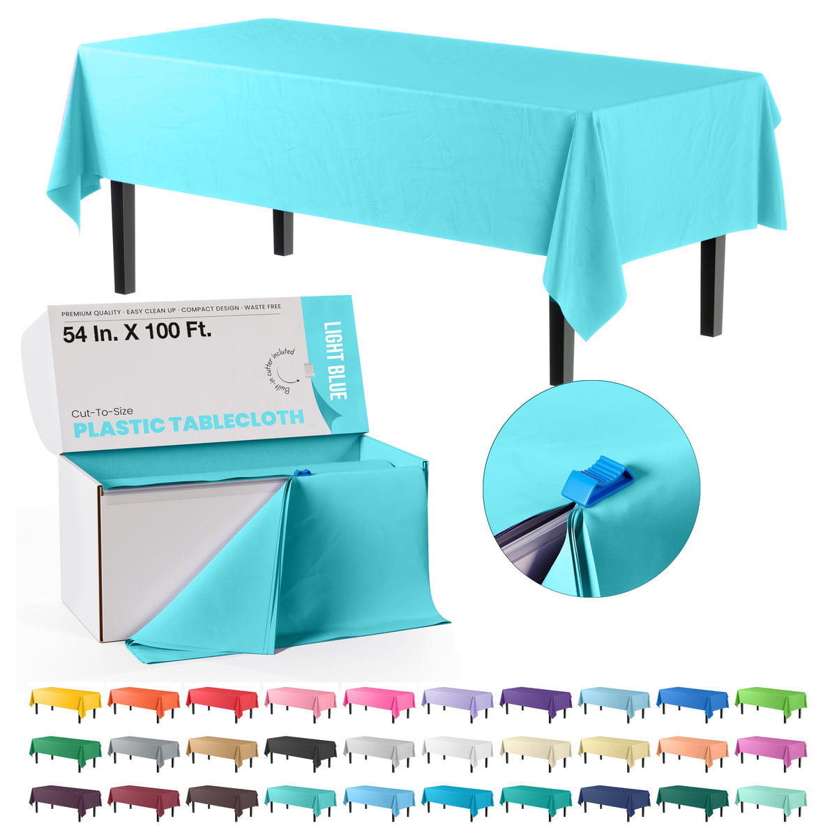 54 In. x 100 Ft. Cut To Size Light Blue Plastic Table Rolls | 6 Pack