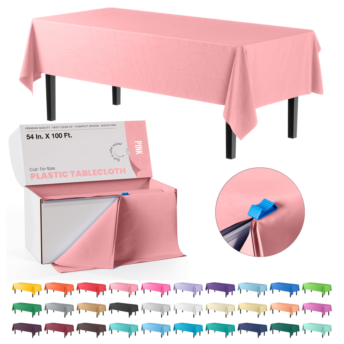 54 In. x 100 Ft. Cut To Size Pink Plastic Table Rolls | 6 Pack