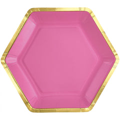 Bright Pink Hexagonal Metallic Paper Plates - 7-inch, 8-ct - Case of 96