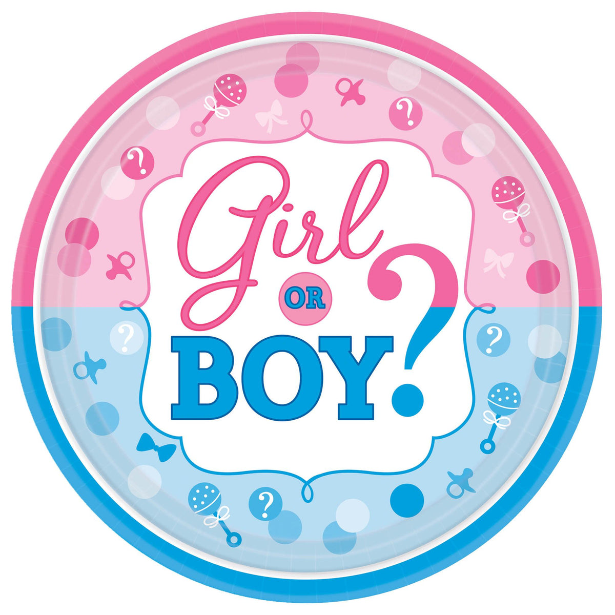 "Girl or Boy?" Round Paper Dessert Plates, Blue/Pink, 7-inch, 8-ct - Case of 72