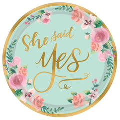 Mint to Be "She Said Yes" Dessert Paper Plates, Mint/Gold, Floral, 7-inch, 8-ct - Case of 72