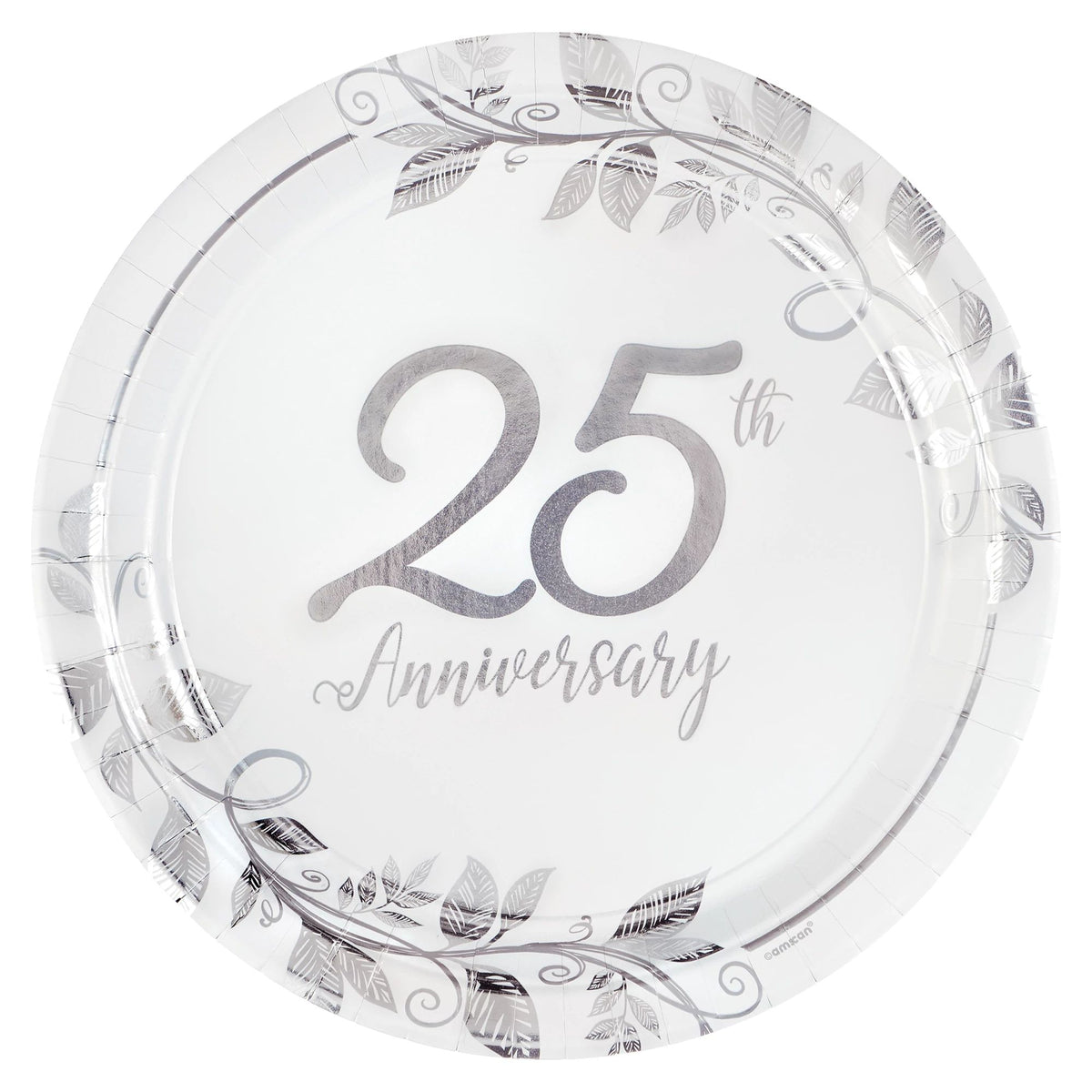 25th Anniversary Round Dessert Paper Plates, White/Silver, 7-inch, 8-ct - Pack of 3