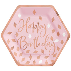 Blush Birthday, Hexagon Paper Lunch Plates, Pink/Rose Gold, 7-inch, 8-ct - Case of 96