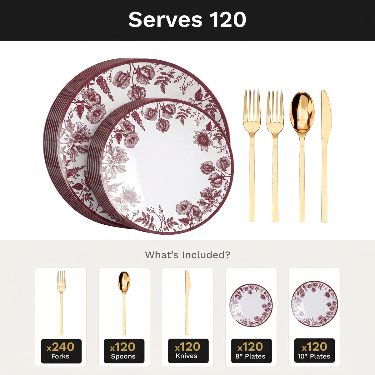 Vine Deluxe Set | Plates & Gold Cutlery | Serves 120