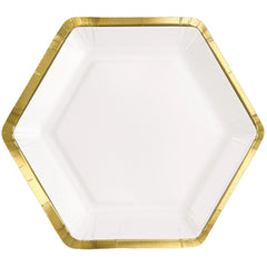 Elegant White Hexagon 9-inch Metallic Paper Plates, 8-ct - Case of 48