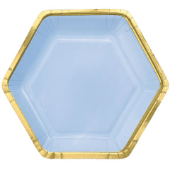9" Ice Blue Hexagon Metallic Paper Plates | 48 Count