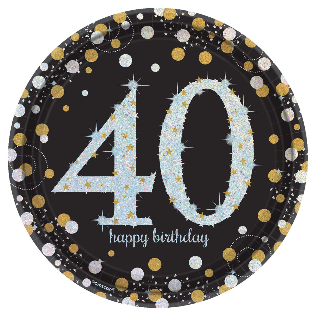 Sparkling Celebration 40th Birthday Paper Plates, Black/Gold/Silver, 9-inch, 8-ct - Case of 48