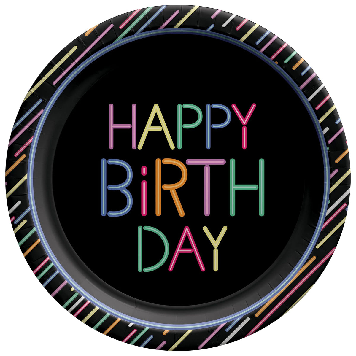 Neon Light Birthday Paper Plates - 9-inch Round, 8-ct - Case of 72