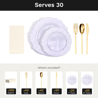 Purple Leaf Ultimate Set | Plates, Gold Cutlery & Napkins | Serves 30