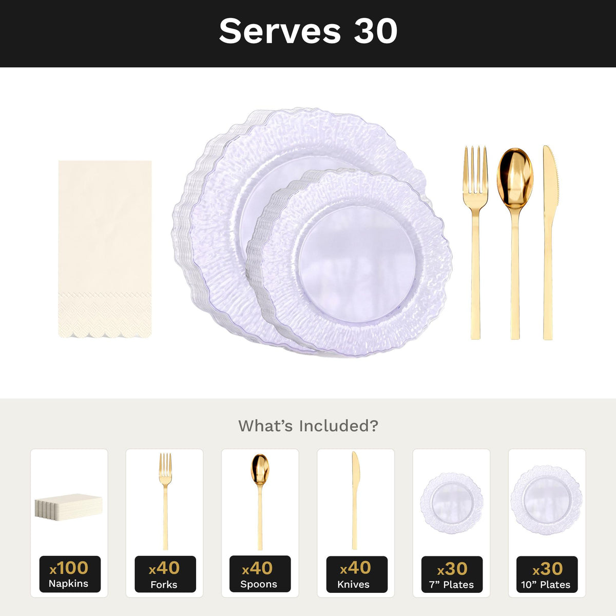 Purple Leaf Ultimate Set | Plates, Gold Cutlery & Napkins | Serves 30