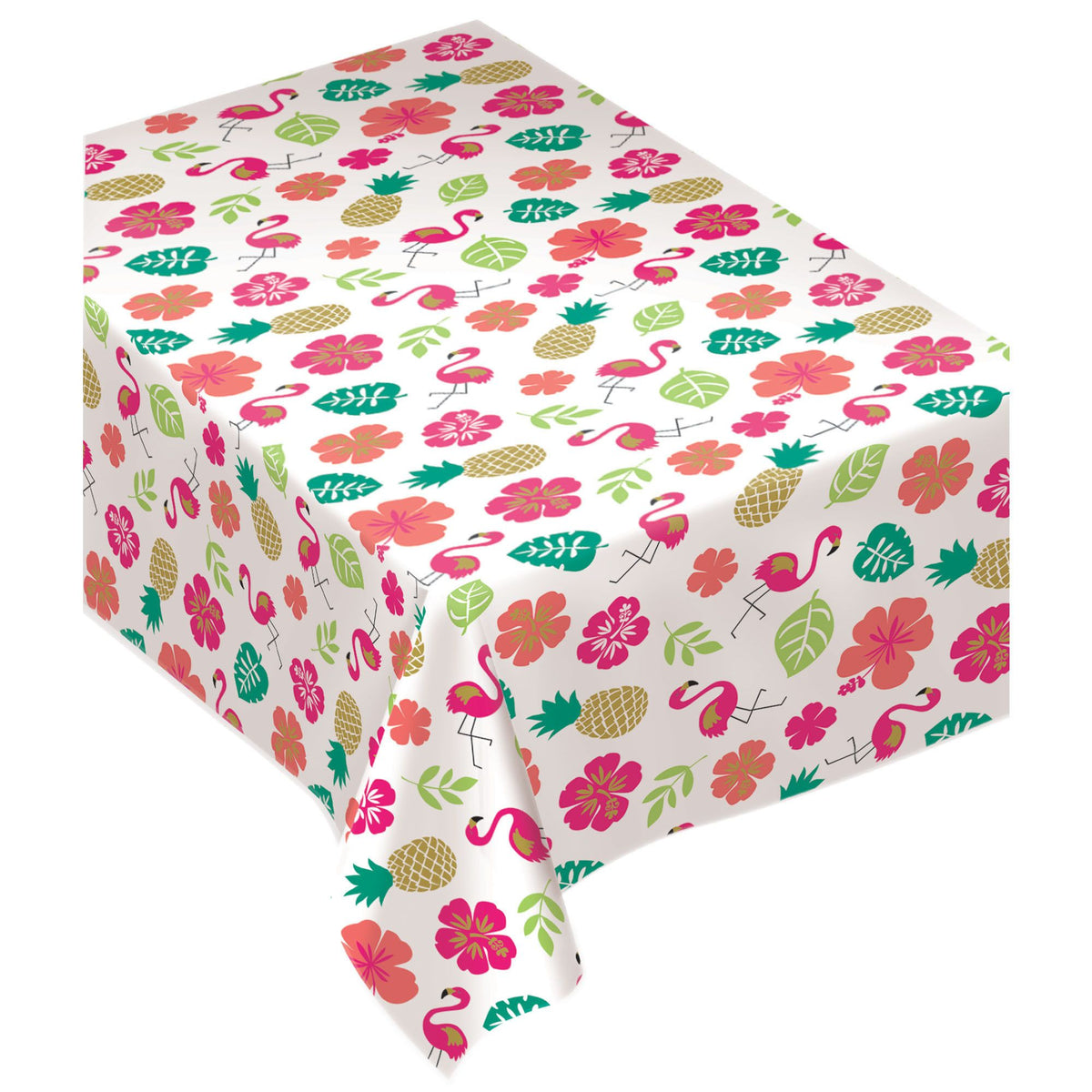 Aloha Flannel-Backed Vinyl Table Cover, Pink/White, Floral, 52x90 inch - Case of 48