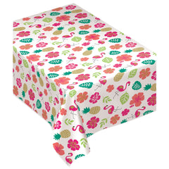 Aloha Flannel-Backed Vinyl Table Cover, Pink/White, Floral, 52x90 inch - Pack of 6