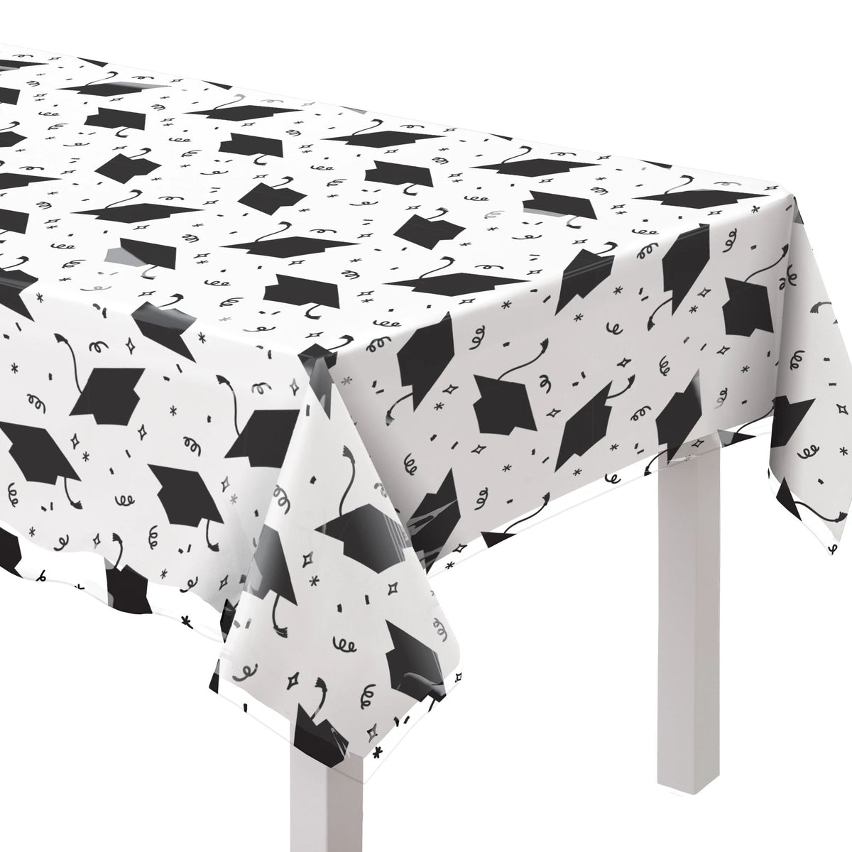 Rectangle Plastic Reusable Table Cover, Black/White, Graduation Cap, 54x84-inch - Pack of 6