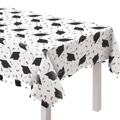 Rectangle Plastic Reusable Table Cover, Black/White, Graduation Cap, 54x84-inch - Pack of 6