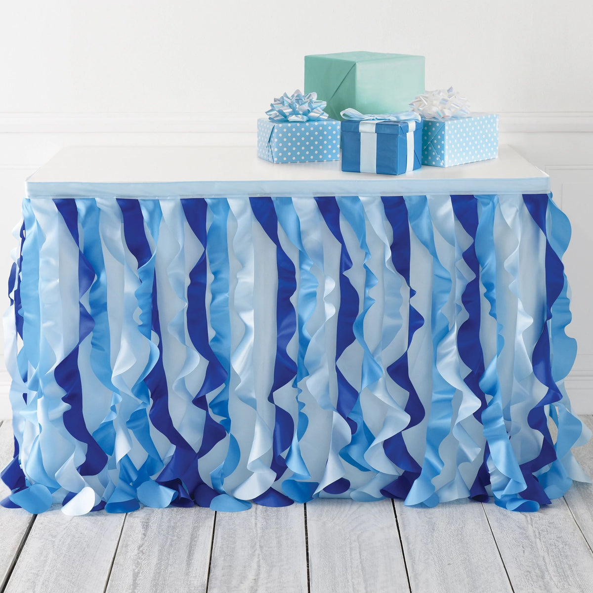 Rectangle Fabric Ruffle Reusable Table Skirt, Blue, 12x16.5-in