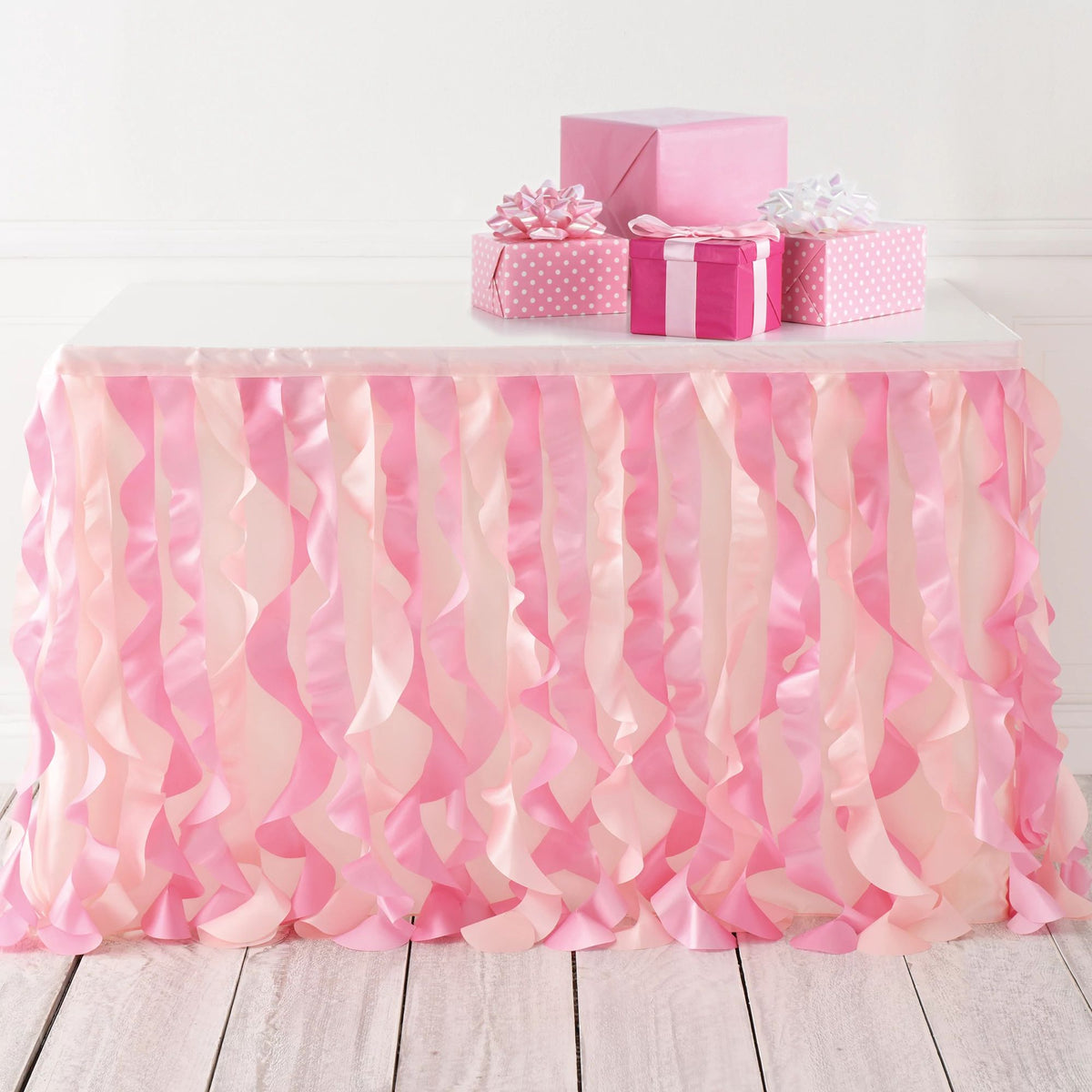 Pink Fabric Ruffle Table Skirt, Rectangle, 12 x 16.5 inch, Reusable - Pack of 3