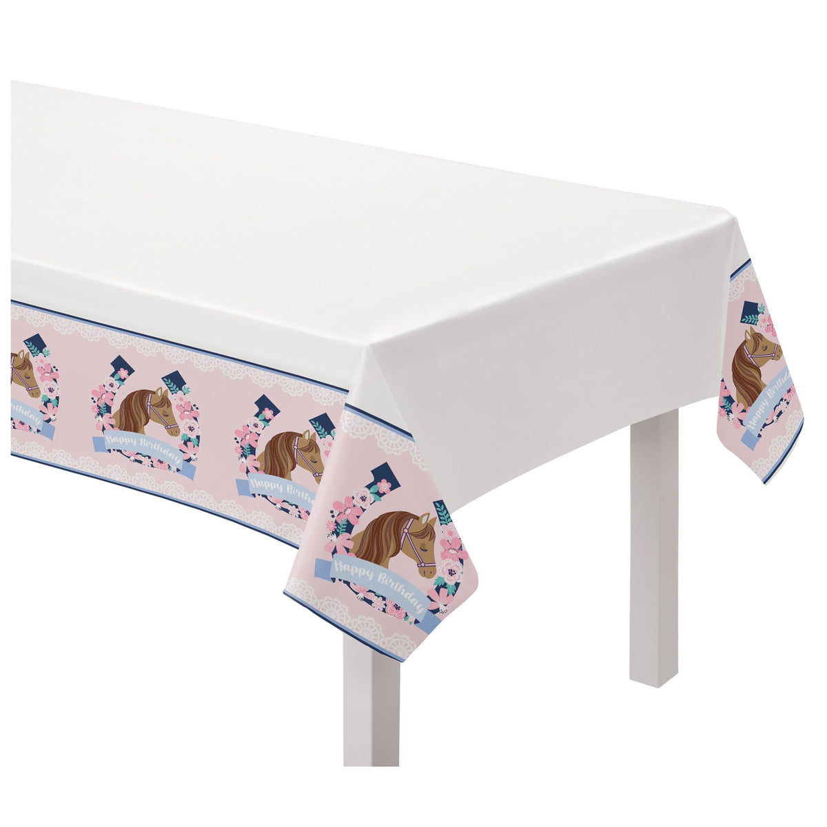 Saddle Up Happy Birthday Plastic Table Cover, White/Pink, 54x96 inch - Pack of 12