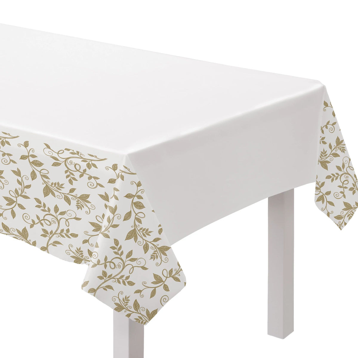 Reusable Plastic Table Cover, White/Gold, 54x102 inch - Pack of 12