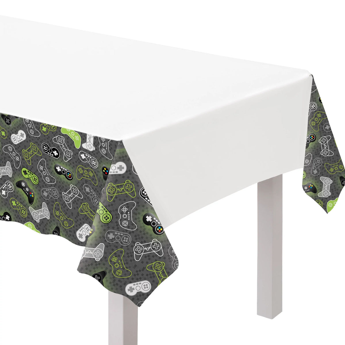 Level Up Plastic Reusable Table Cover, White/Grey, Game Controller, 54x96-inch - Pack of 6