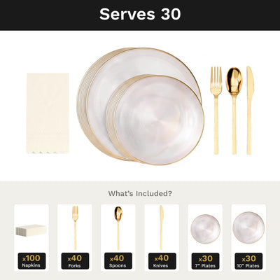 Clear Luster Ultimate Set | Plates, Gold Cutlery & Napkins | Serves 30