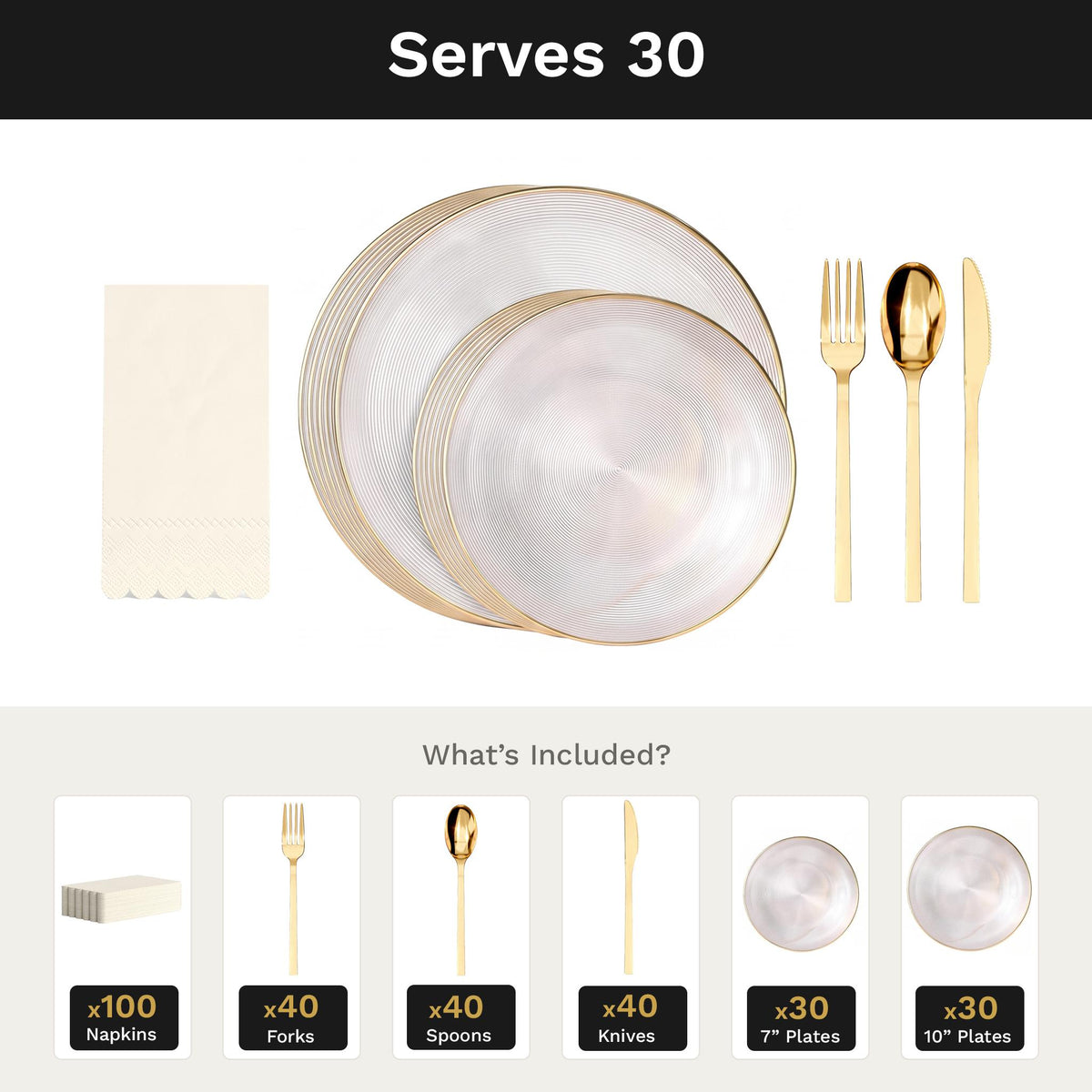 Clear Luster Ultimate Set | Plates, Gold Cutlery & Napkins | Serves 30