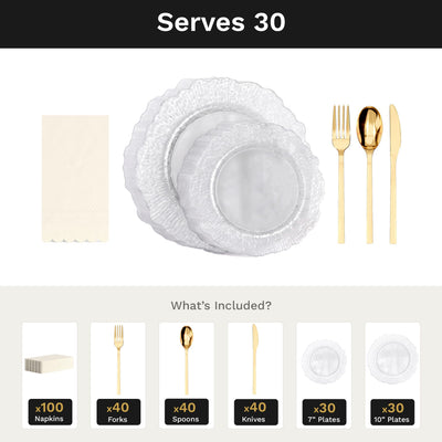 Clear Leaf Ultimate Set | Plates, Gold Cutlery & Napkins | Serves 30