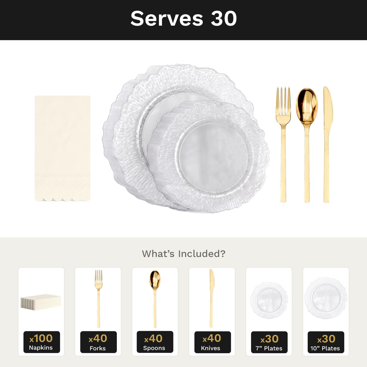Clear Leaf Ultimate Set | Plates, Gold Cutlery & Napkins | Serves 30