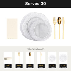 Clear Leaf Ultimate Set | Plates, Gold Cutlery & Napkins | Serves 30