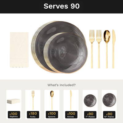 Smoke Luster Ultimate Set | Plates, Gold Cutlery & Napkins | Serves 90