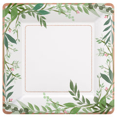 Love & Leaves Square Paper Dinner Plates, White/Green, 10 inch, 8-ct - Case of 48