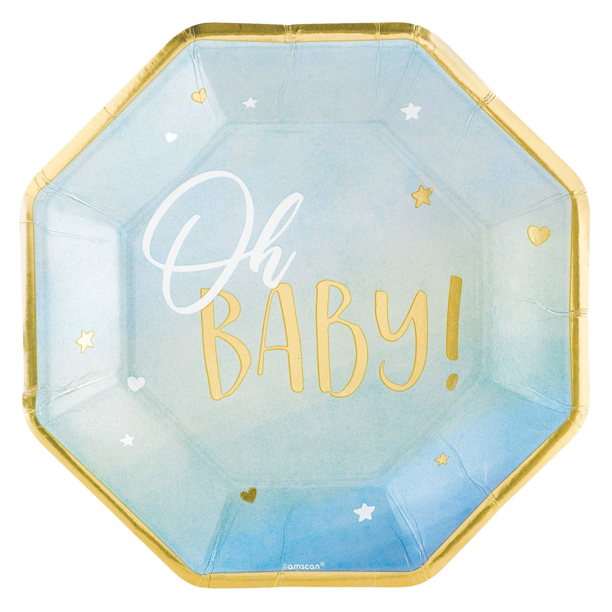 "Oh Baby!" Hexagon Dinner Paper Plates, Blue/Gold, 10.5-inch, 8-ct - Case of 48