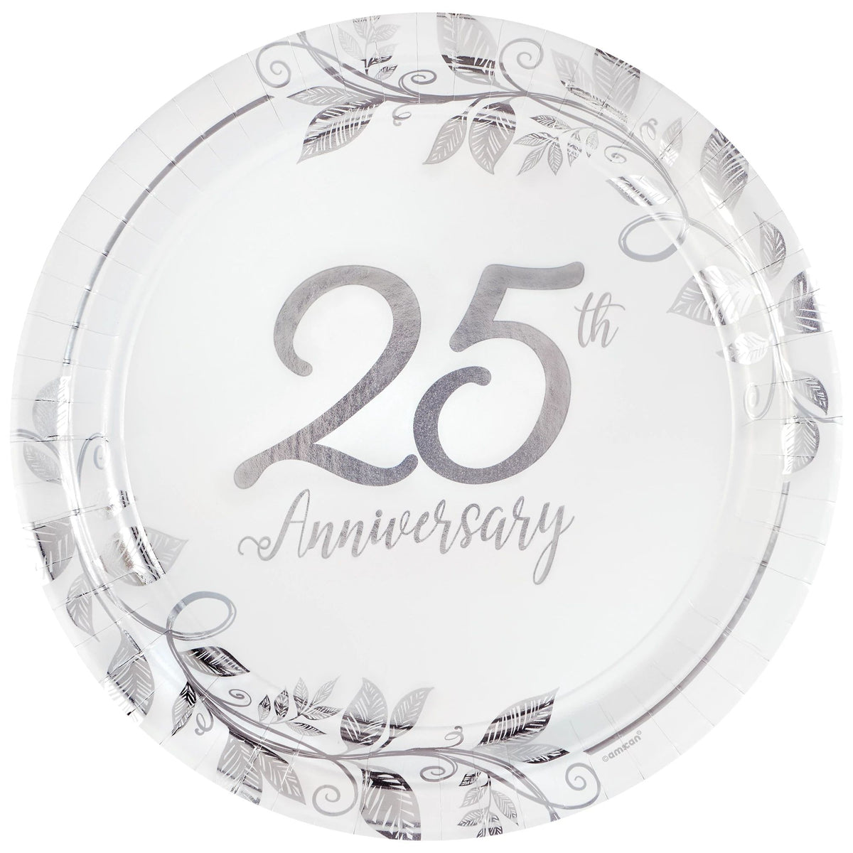 25th Anniversary Round Dinner Paper Plates, Silver/White, 10.5-inch, 8-ct - Pack of 12