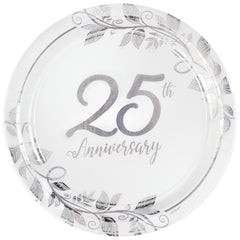 25th Anniversary Round Dinner Paper Plates, Silver/White, 10.5-inch, 8-ct - Case of 48