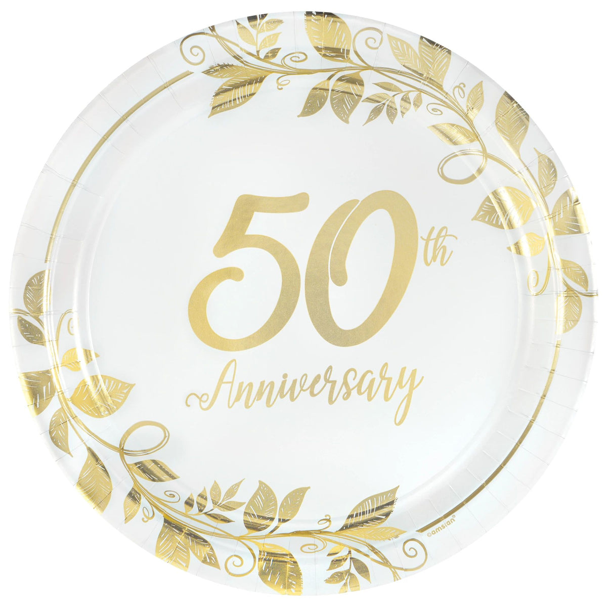 50th Anniversary Round Paper Dinner Plates, Gold/White, 10.5-inch, 8-ct - Case of 48