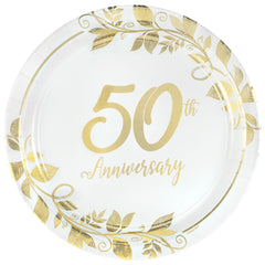 50th Anniversary Round Paper Dinner Plates, Gold/White, 10.5-inch, 8-ct - Pack of 3